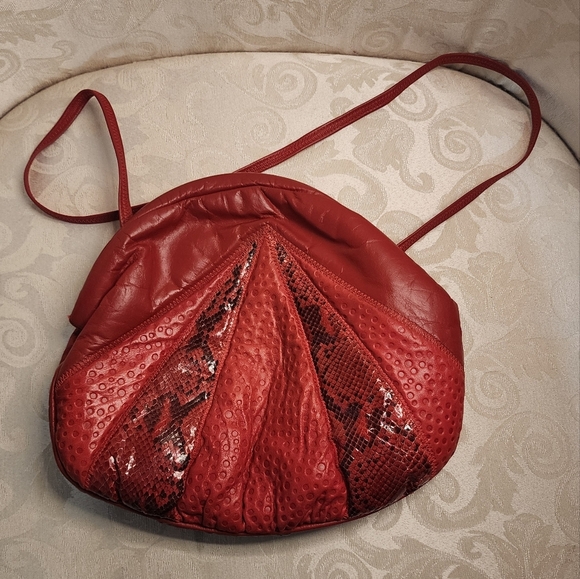 PIERRE MISHAEL Vintage 80s Red Leather Snake Print Crossbody Bag – Rare Sculptur - Picture 4 of 13